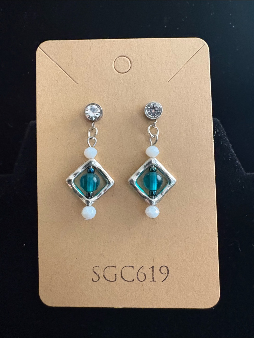Silver-Tone Teal Bead Drop Earrings with White Accents